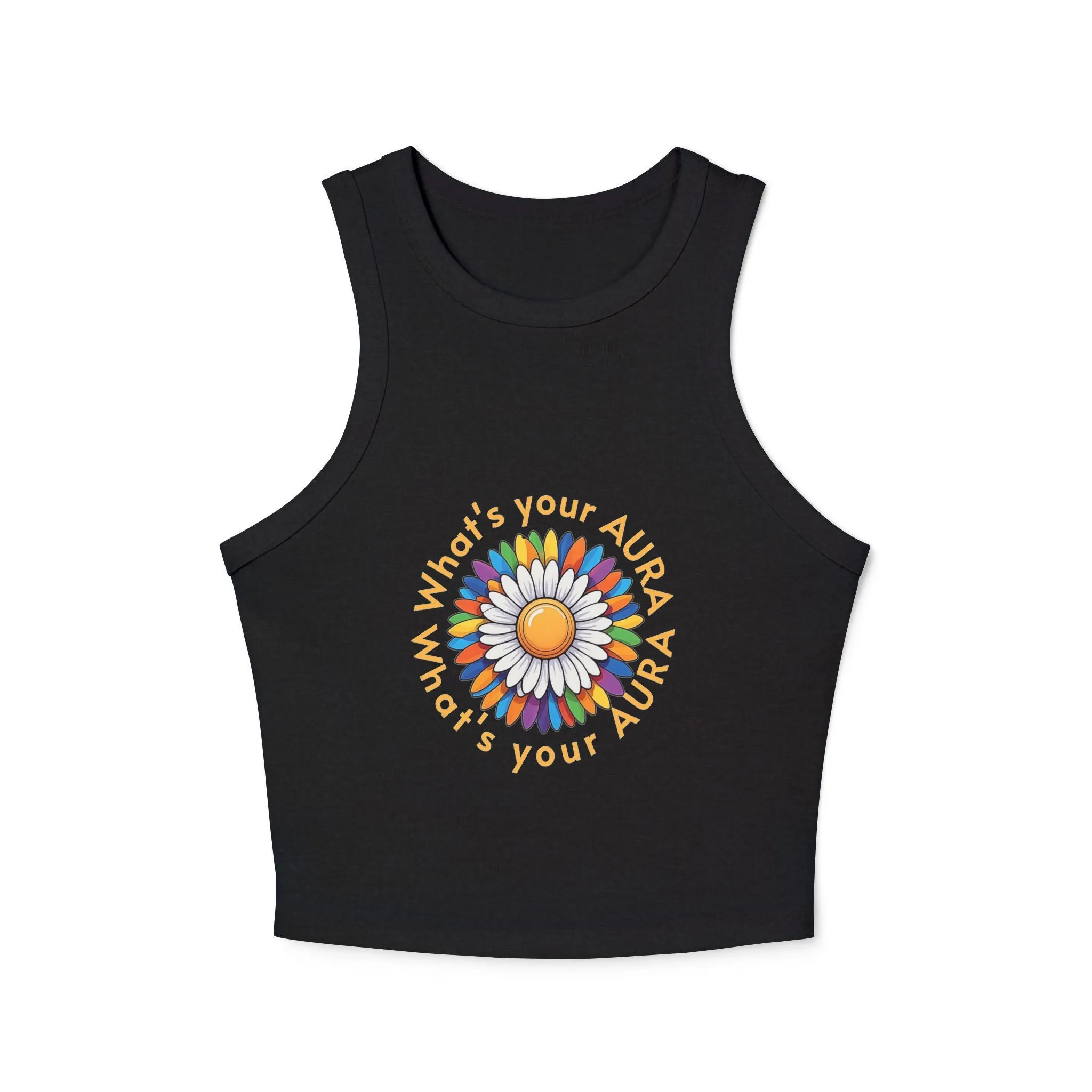 Women's Micro Rib Racer Tank Top – Happy Sun Design with 'What's Your Aura?'"