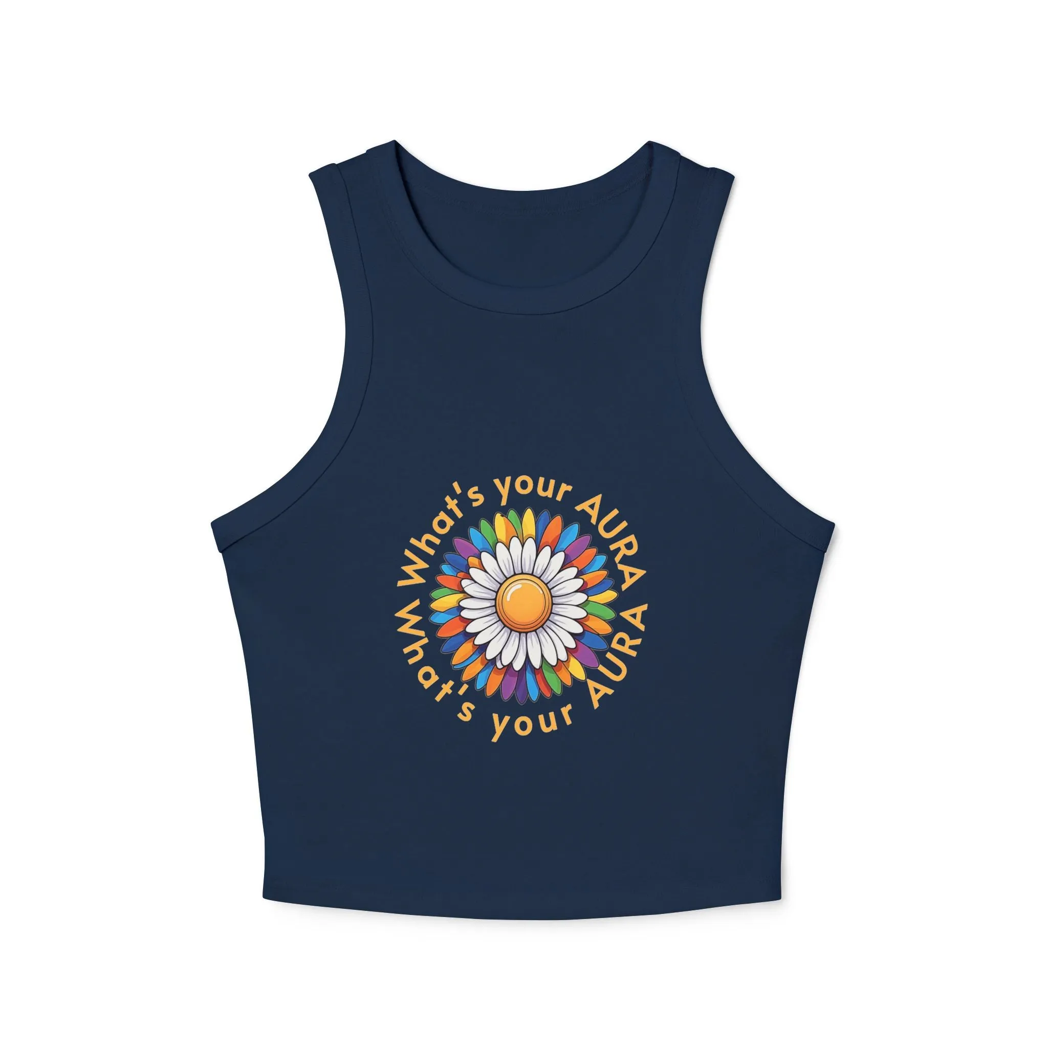 Women's Micro Rib Racer Tank Top – Happy Sun Design with 'What's Your Aura?'"
