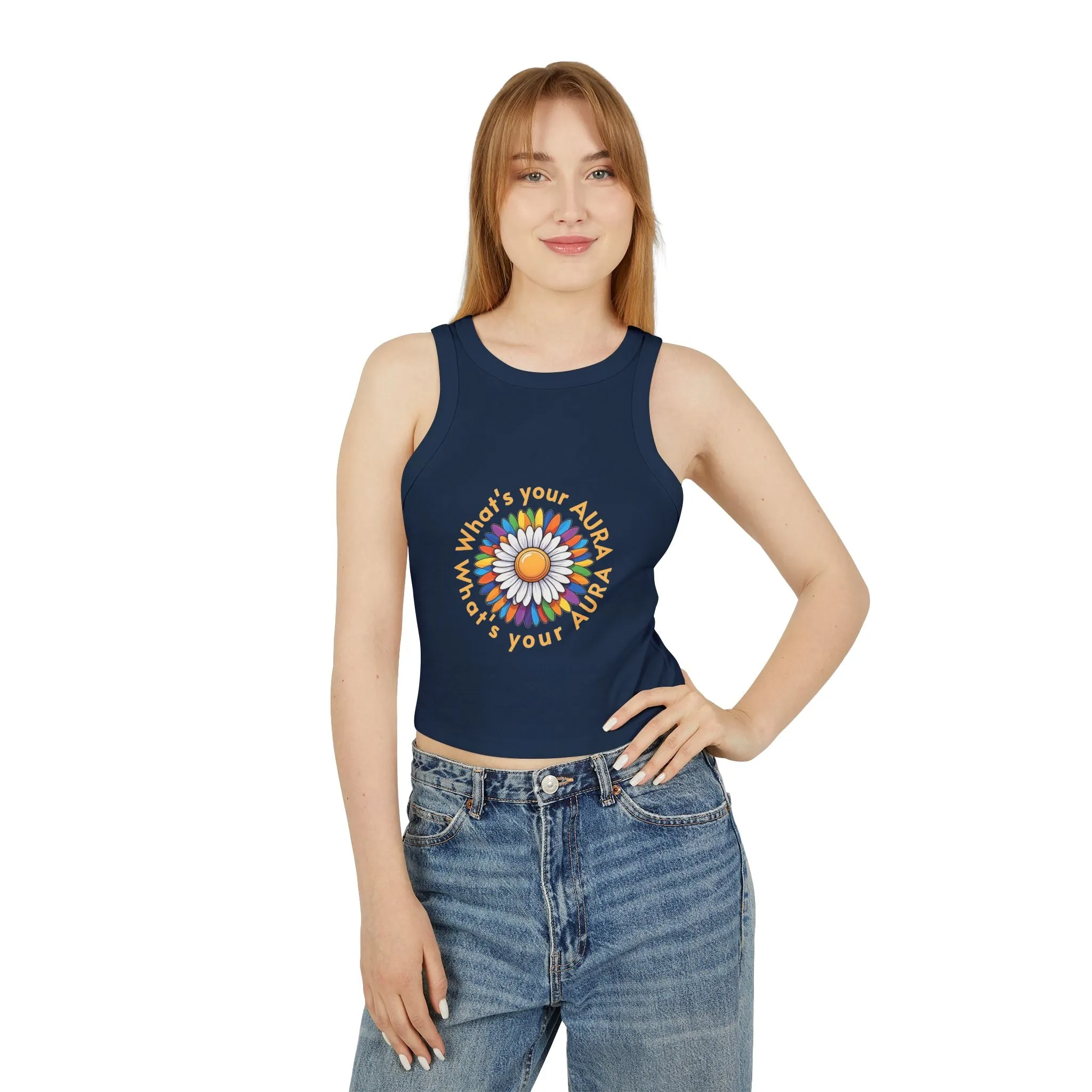 Women's Micro Rib Racer Tank Top – Happy Sun Design with 'What's Your Aura?'"