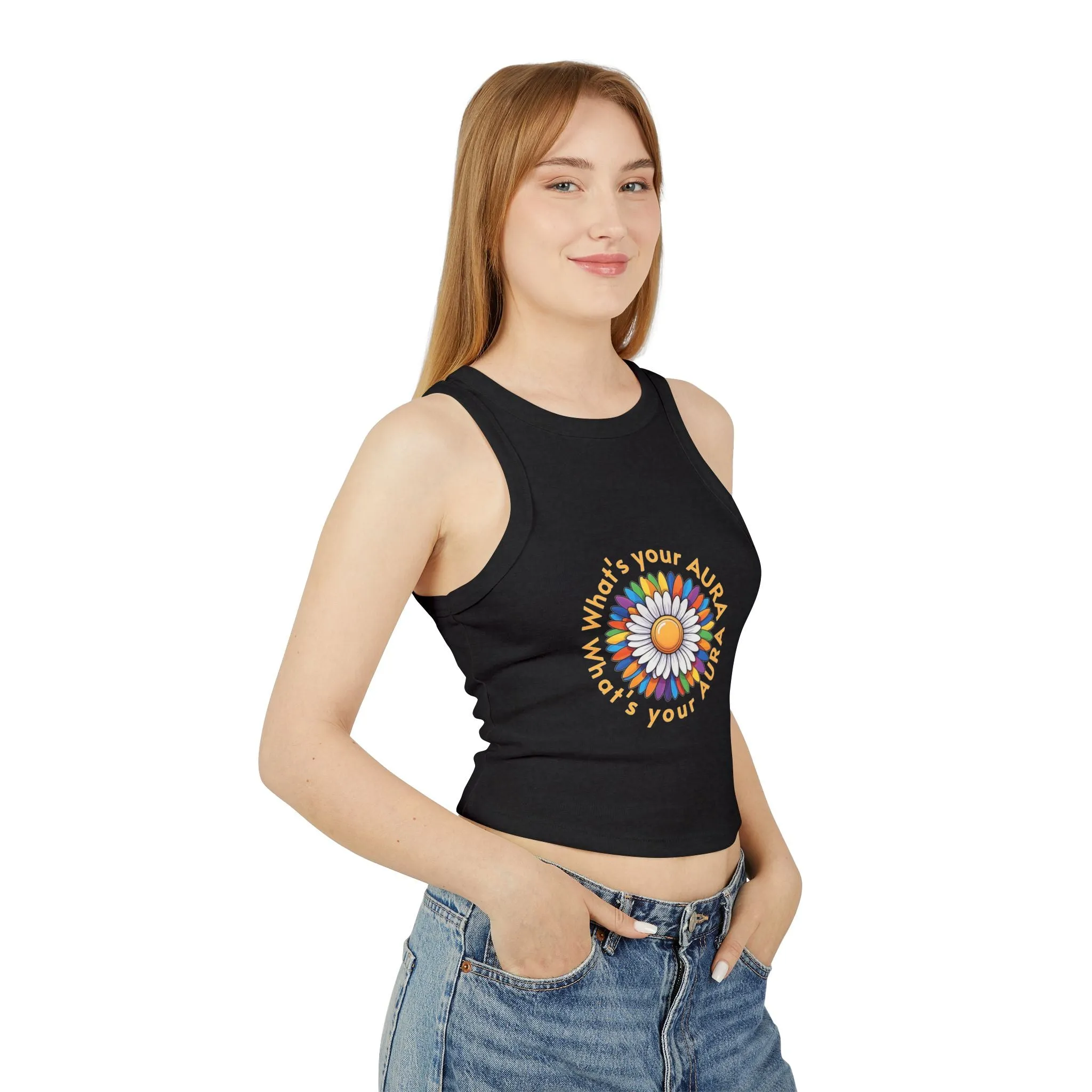 Women's Micro Rib Racer Tank Top – Happy Sun Design with 'What's Your Aura?'"