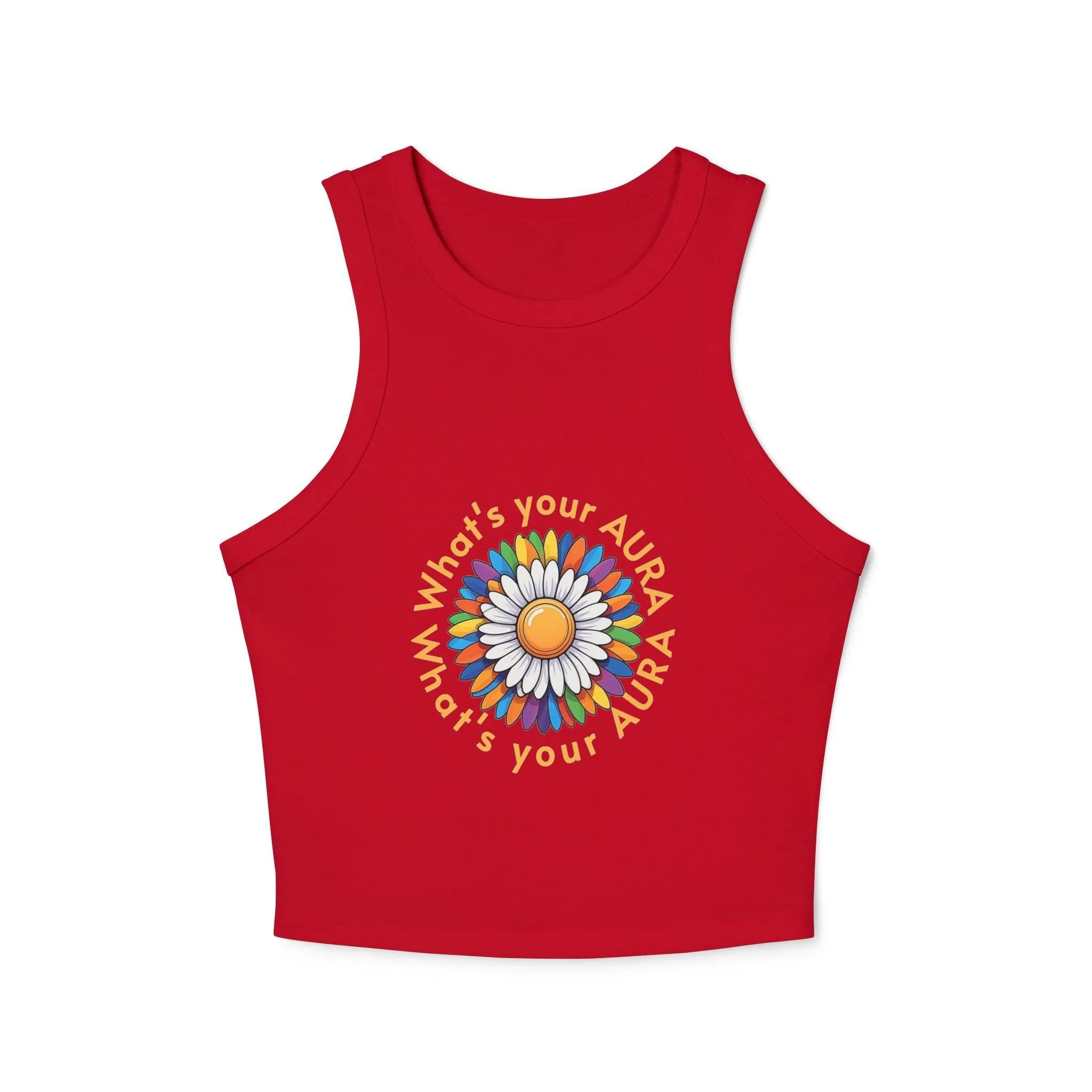 Women's Micro Rib Racer Tank Top – Happy Sun Design with 'What's Your Aura?'"