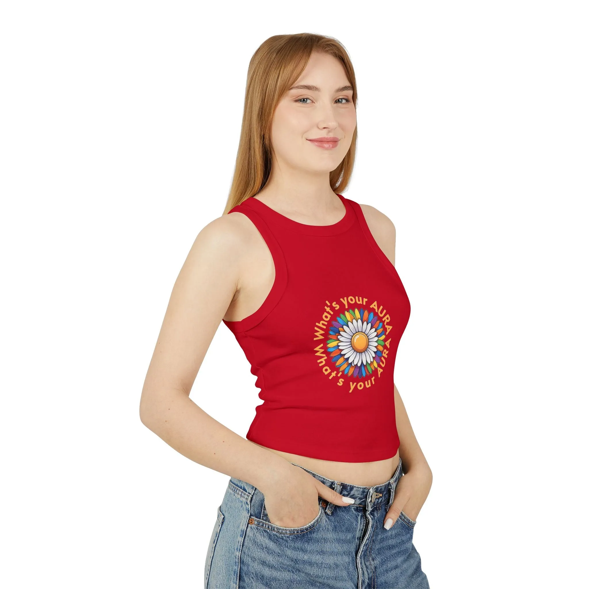 Women's Micro Rib Racer Tank Top – Happy Sun Design with 'What's Your Aura?'"
