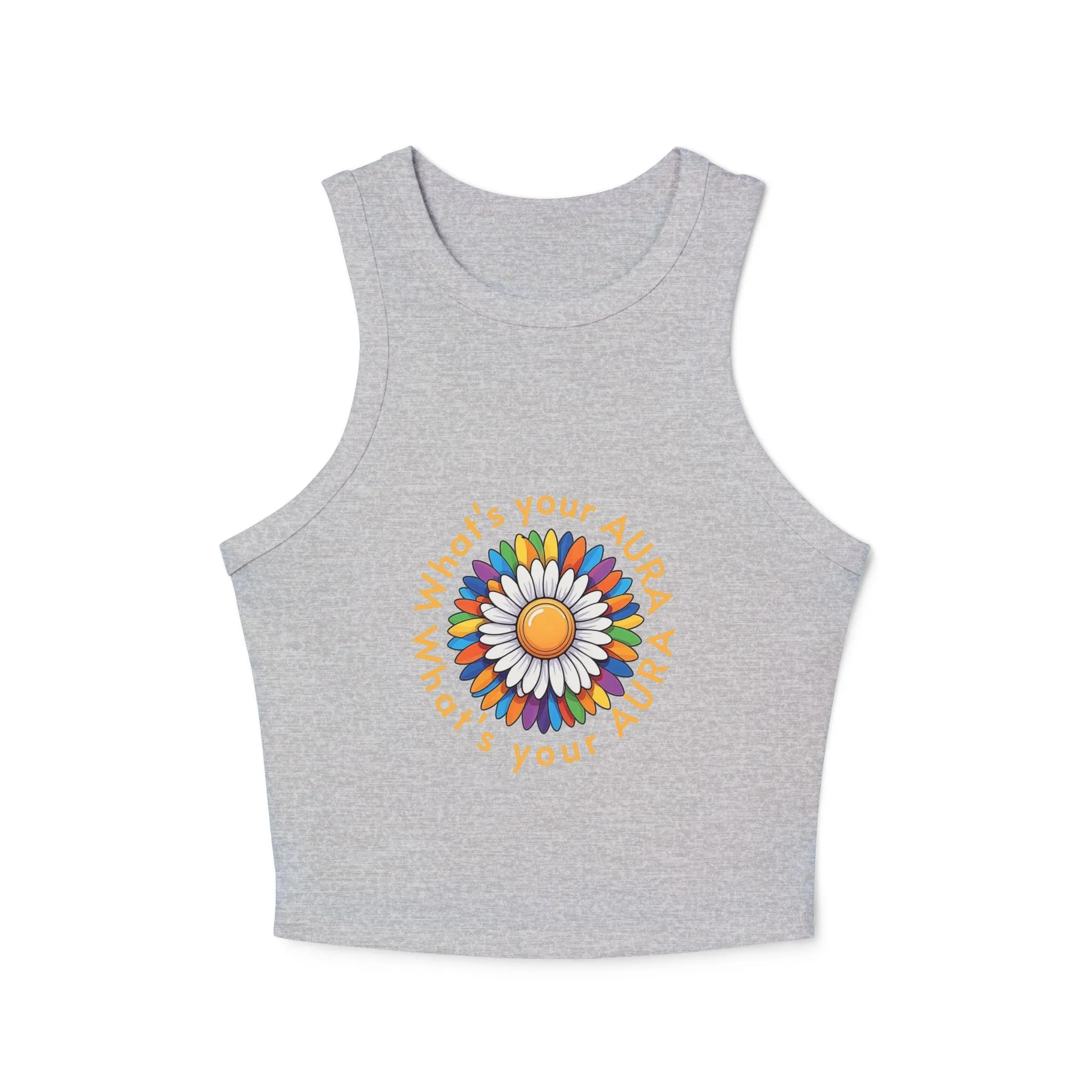 Women's Micro Rib Racer Tank Top – Happy Sun Design with 'What's Your Aura?'"